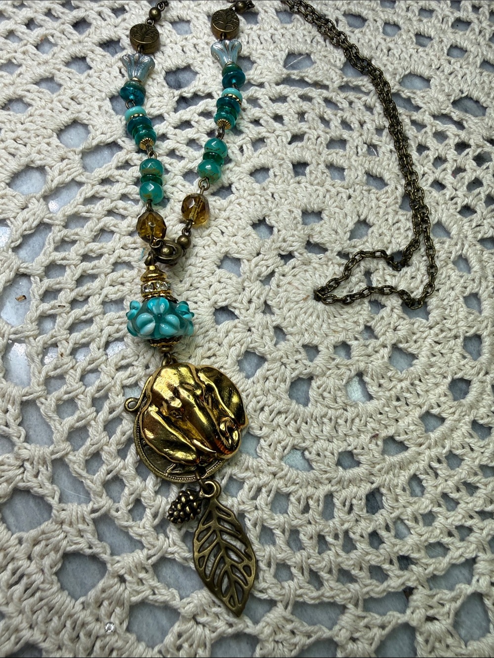 Turquoise Bead & Gold Leaf Pendant Necklace - Women Jewelry